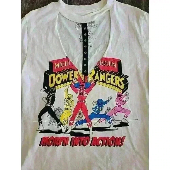 Power Rangers Women's Blouse Cut Out Front Short Sleeve Size S‎ White Graphic T - Picture 2 of 6
